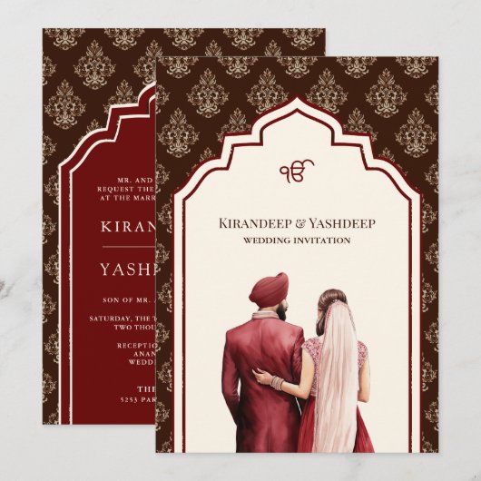 Invitation Crème Bourgogne Brown Ikat Anand Karaj Sikh Mariag (Devant / Derrière)