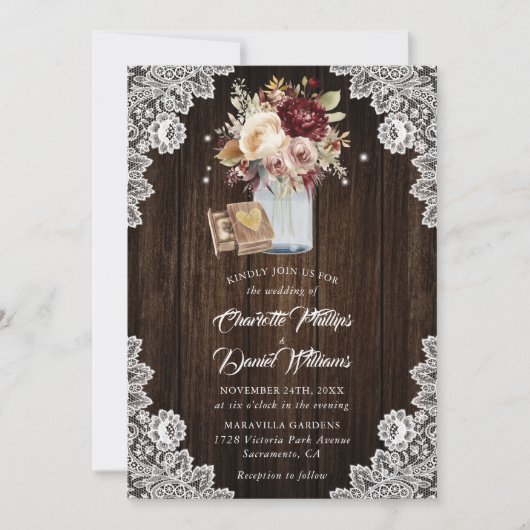 Invitation Crème Bourgogne Mauve Bois Rustique Mariage Floral (Devant)