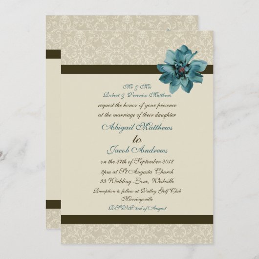 Invitation Crème Brown Au Chocolat Et Mariage À Fleur Bleue T (Devant / Derrière)