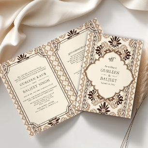Invitation Crème Brown Beige Ikat All in One Sikh Mariage