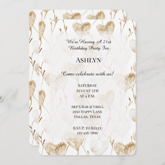 Invitation Crème Brown Coeurs Boho Anniversaire (Devant / Derrière)