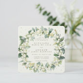 Invitation Crème carré Snowberry + Eucalyptus Wreath Mariage (Debout devant)