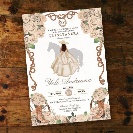 Invitation Crème Champagne Rose Charro Vestidos Quinceanera