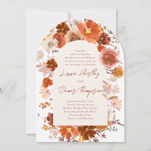 Invitation Crème claire Burange Orange Floral Arch Mariage (Devant)