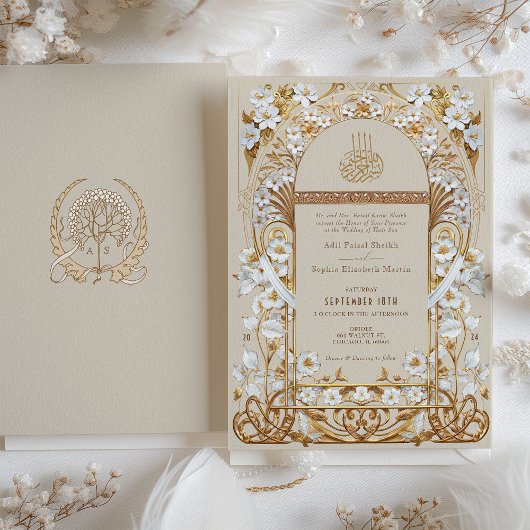 Invitation Crème classique Antique Gold Floral Mariage islami