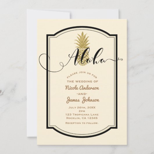 Invitation Crème d'ananas en or et Mariage tropical noir (Devant)