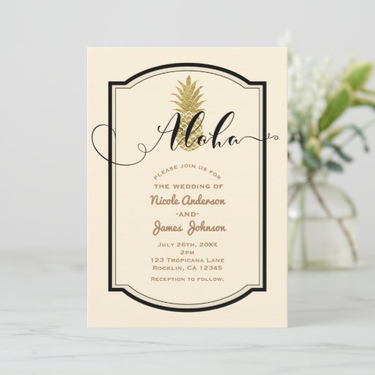 Invitation Crème d'ananas en or et Mariage tropical noir (Debout devant)