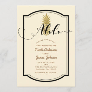Invitation Crème d'ananas en or et Mariage tropical noir