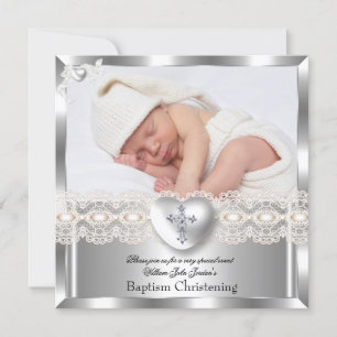 Invitation Crème de baptême Argent Photo Cœur Croix Garçon Fi