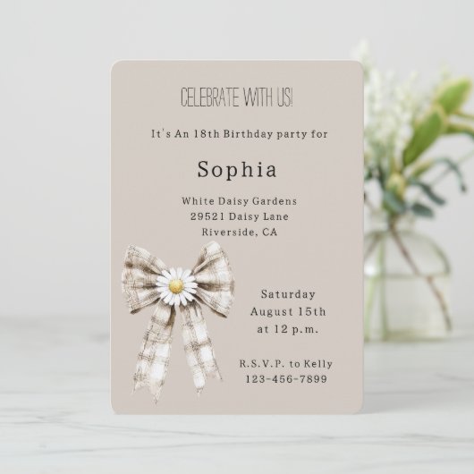 Invitation Crème de Cacao Blanc Noeud Papillon Fleur d'Anémon (Debout devant)