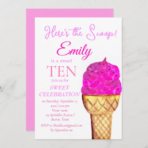 Invitation Crème de glace 10e anniversaire fille rose aquarel