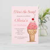 Invitation Crème de glace 1er anniversaire fille rose aquarel (Debout devant)