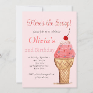 Invitation Crème de glace 2e anniversaire fille rose aquarell