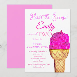 Invitation Crème de glace 2e anniversaire fille rose aquarell