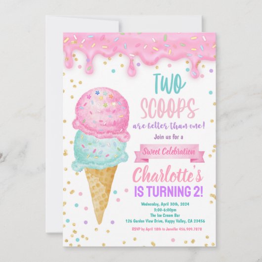 Invitation Crème de glace 2e fête d'anniversaire 2 Scoops Mei (Devant)