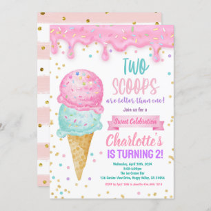 Invitation Crème de glace 2e fête d'anniversaire 2 Scoops Mei