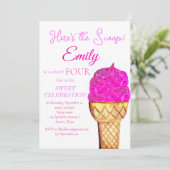 Invitation Crème de glace 4e anniversaire fille rose aquarell (Debout devant)