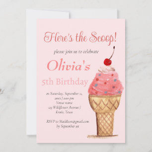 Invitation Crème de glace 5e anniversaire fille rose aquarell