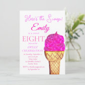 Invitation Crème de glace 8e anniversaire fille rose aquarell (Debout devant)