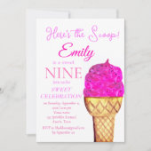 Invitation Crème de glace 9e anniversaire fille rose aquarell (Devant)