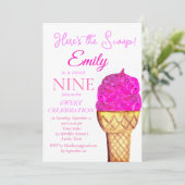 Invitation Crème de glace 9e anniversaire fille rose aquarell (Debout devant)