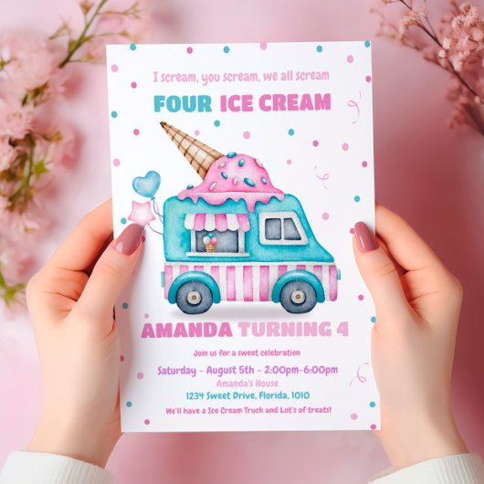 Invitation Crème de glace Camion rose Anniversaire