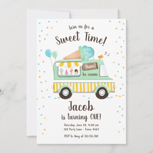 Invitation Crème de glace Camion Sweet Time Boy Mint Blue Ann (Devant)