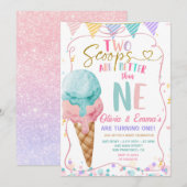 Invitation Crème de glace de fond Deux Scoops Twin Girls Anni (Devant / Derrière)