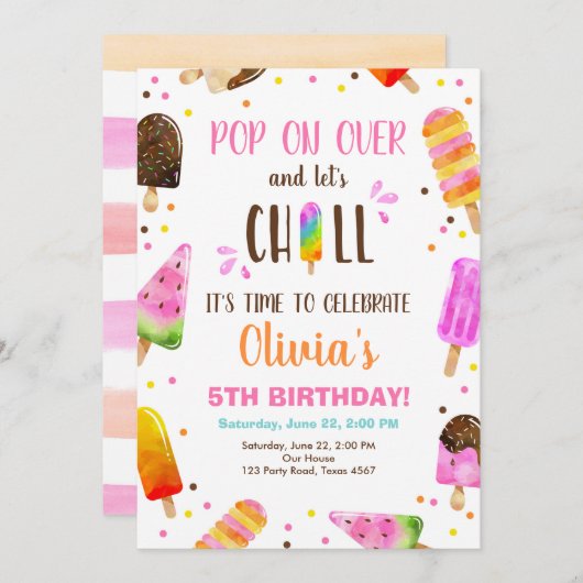 Invitation Crème de glace de Popsicle fête de la piscine d'ét (Devant / Derrière)