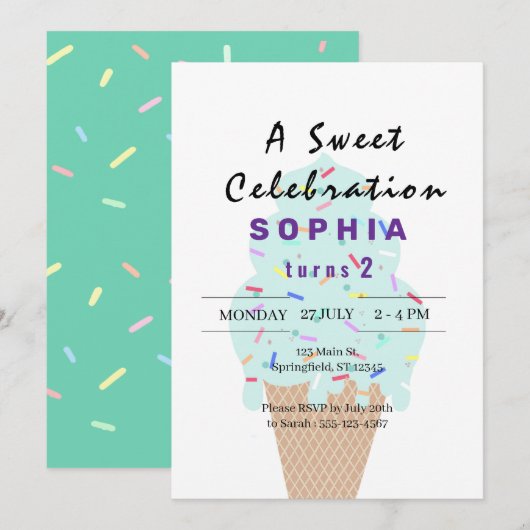 Invitation Crème de glace douce Anniversaire (Devant / Derrière)