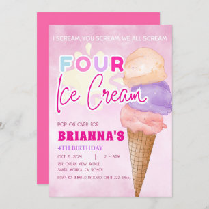 Invitation Crème de glace rose 4e anniversaire Fille d'été