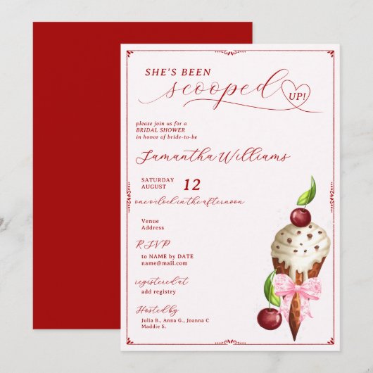 Invitation Crème de glace rose Cerisier Rouge Fête des mariée (Devant / Derrière)