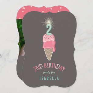 Invitation Crème de glace rose Fille Sparkler 2e fête d'anniv