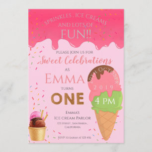 Invitation Crème de glace rose thème Fille d'anniversaire pre