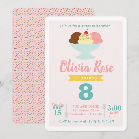 Invitation Crème de glace Social Rose et Turquoise Anniversai (Devant / Derrière)