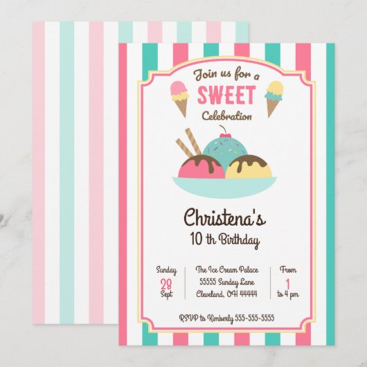 Invitation Crème de glace Sundae Social Anniversaire Invitati (Devant / Derrière)