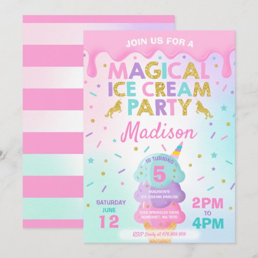 Invitation Crème de glace Unicorn Ice Cream Party (Devant / Derrière)