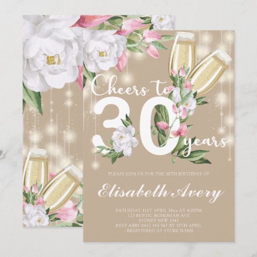 Invitation Crème de luxe Champagne Floral 30ème anniversaire (Devant / Derrière)