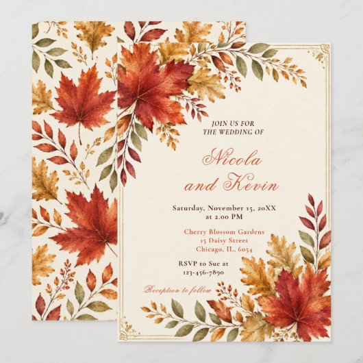Invitation Crème de mariage aux feuilles d'automne (Devant / Derrière)