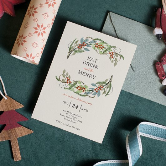 Invitation Crème de Noël Mangez Boire & Soyez Joyeux Fête