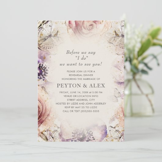 Invitation Crème de papillons floraux violets (Debout devant)