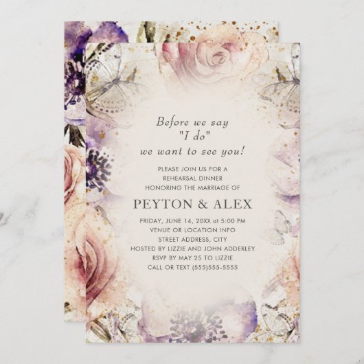 Invitation Crème de papillons floraux violets (Devant / Derrière)