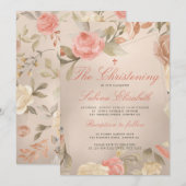 Invitation Crème de Pêche Or de luxe Christening Floral (Devant / Derrière)
