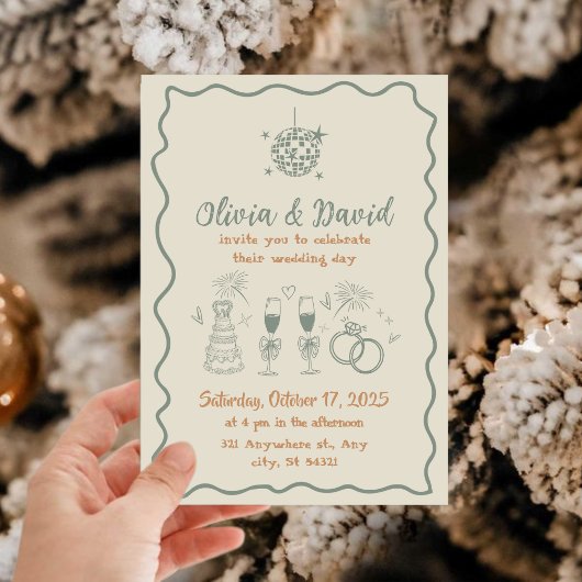 Invitation Crème dessinée à la main et vert lignes grossières