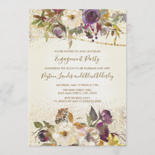 Invitation Crème d'Ivoire Fleurs Violettes Paillettes Fête de
