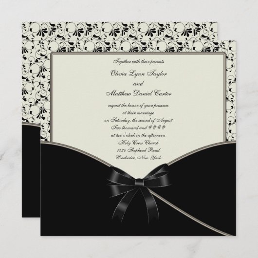 Invitation Crème d'ivoire noire Mariage damassé (Devant / Derrière)