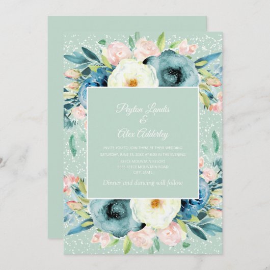 Invitation Crème d'ivoire rose Mariage de la menthe de fécule (Devant / Derrière)