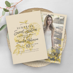 Invitation Crème d'or simple Floral Photo SURPRISE Sweet 16
