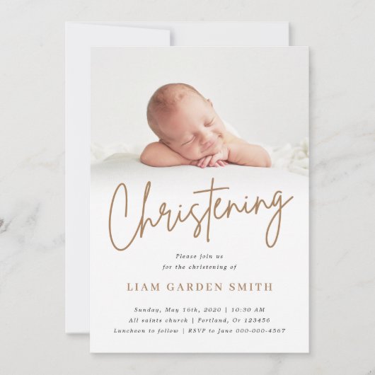 Invitation Crème Dusty Script manuscrit Christening Photo (Devant)