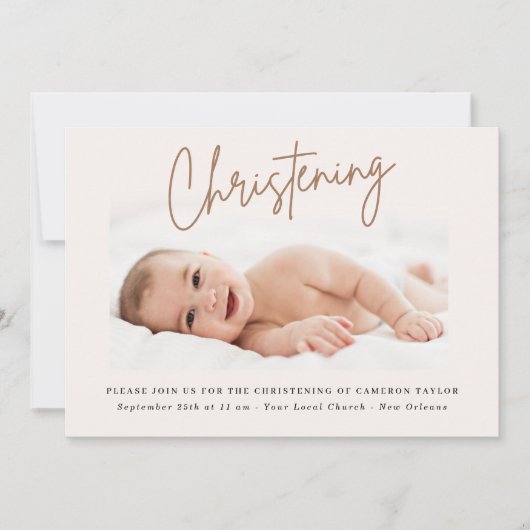 Invitation Crème Dusty Script manuscrit Christening Photo (Devant)